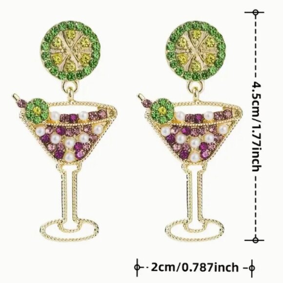 Martini Cocktail Rhinestone Earrings - Greens & Pinks - Gold Plated - NEW - Picture 2 of 3